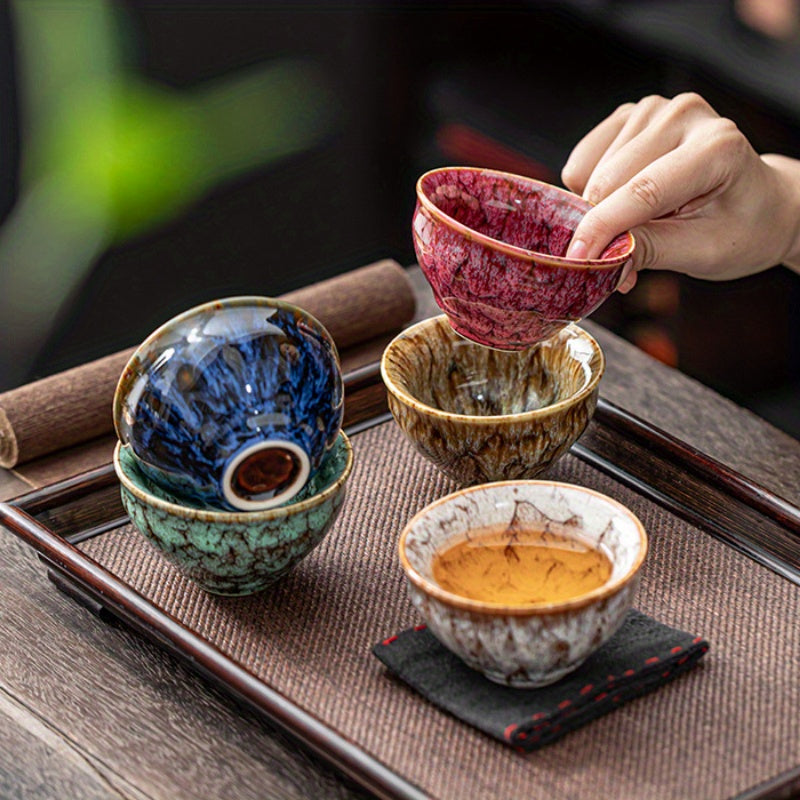 5-piece handmade ceramic tea set in traditional kiln glazed Jianzhan style, perfect for business gifts.