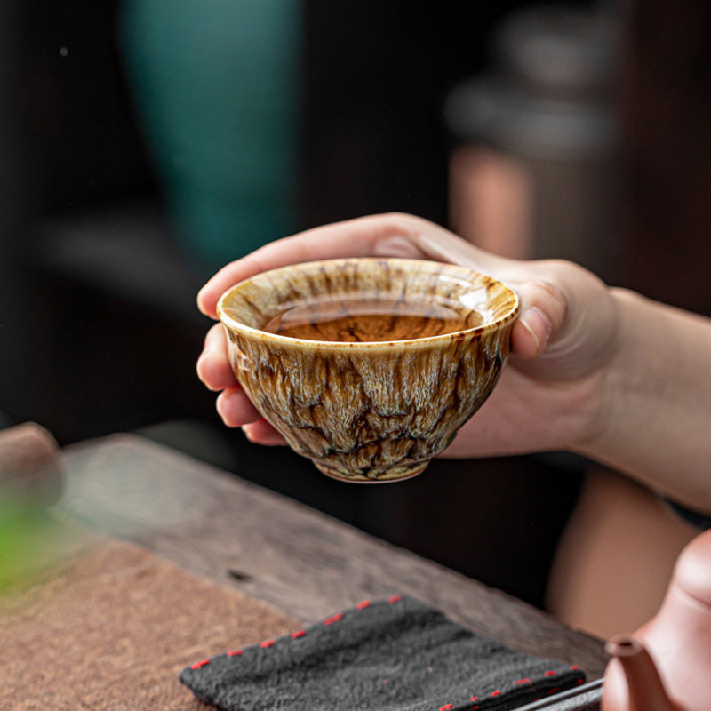 5-piece handmade ceramic tea set in traditional kiln glazed Jianzhan style, perfect for business gifts.