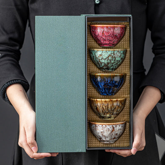 5-piece handmade ceramic tea set in traditional kiln glazed Jianzhan style, perfect for business gifts.