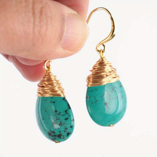 Handcrafted Boho-Chic Turquoise Drop Earrings for Women - Featuring a Silvery Post, Genuine Natural Stone, Ideal for Mother's Day and Birthday Presents