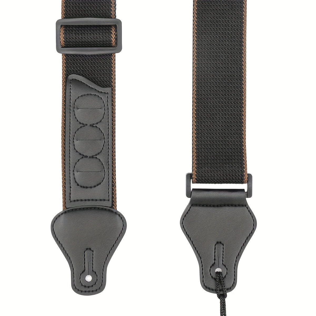 Leather ends guitar strap with pick holders for acoustic, electric, and bass guitars.