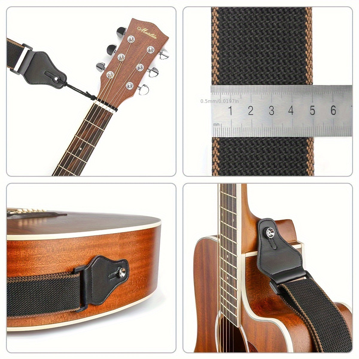 Leather ends guitar strap with pick holders for acoustic, electric, and bass guitars.