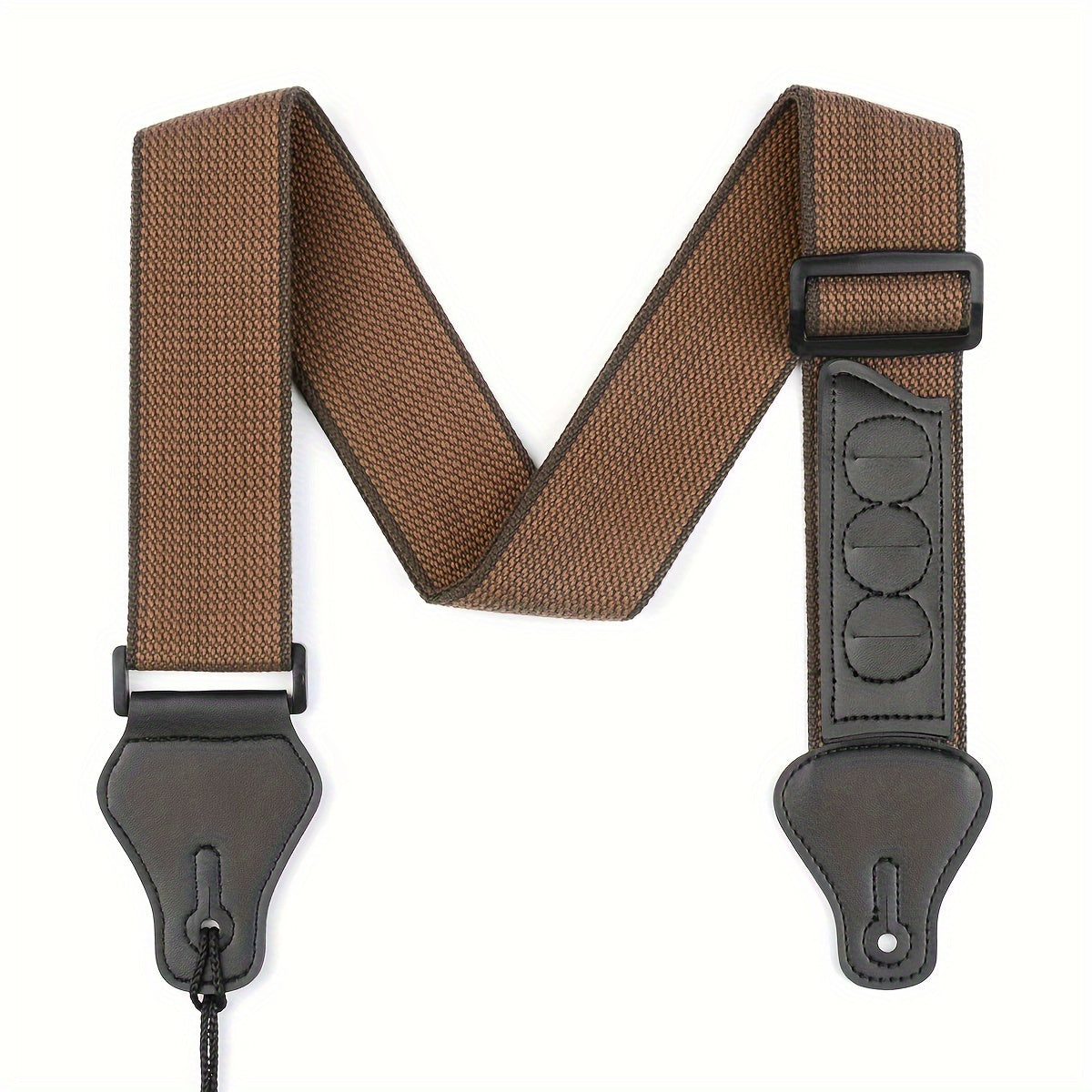 Leather ends guitar strap with pick holders for acoustic, electric, and bass guitars.