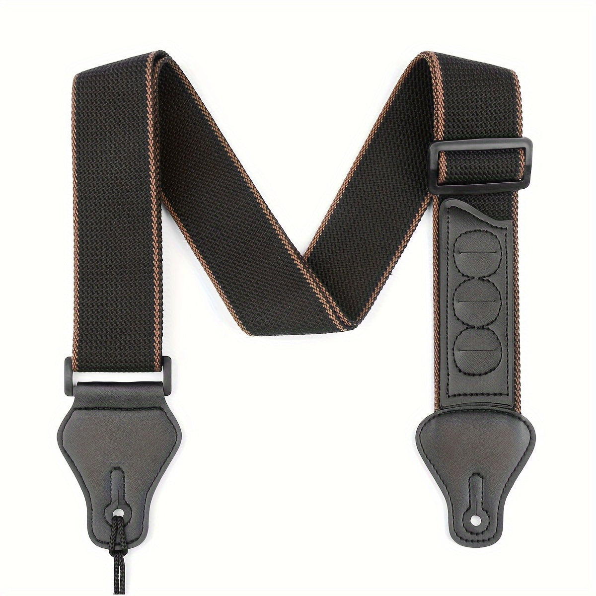 Leather ends guitar strap with pick holders for acoustic, electric, and bass guitars.