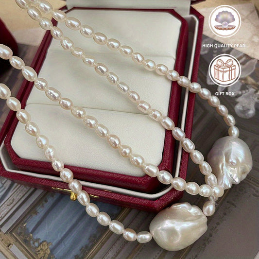 This handcrafted luxury necklace features elegant Baroque style natural freshwater pearls on an irregular clavicle chain. Each pearl has a unique storytelling quality with natural imperfections, making it perfect for daily wear or on vacation. Elevate