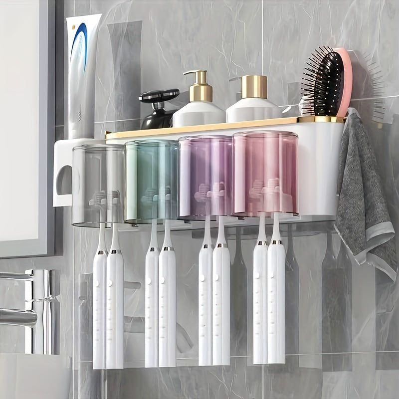 RV wall-mounted bathroom organizer set includes automatic toothpaste dispenser, toothbrush holder, multi-color cups - complete kit.