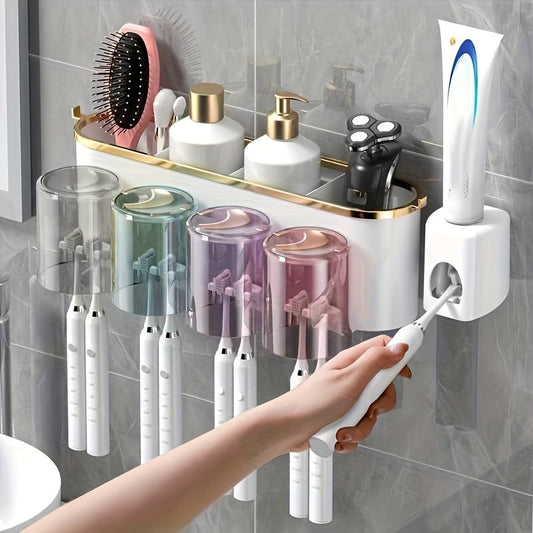 RV wall-mounted bathroom organizer set includes automatic toothpaste dispenser, toothbrush holder, multi-color cups - complete kit.