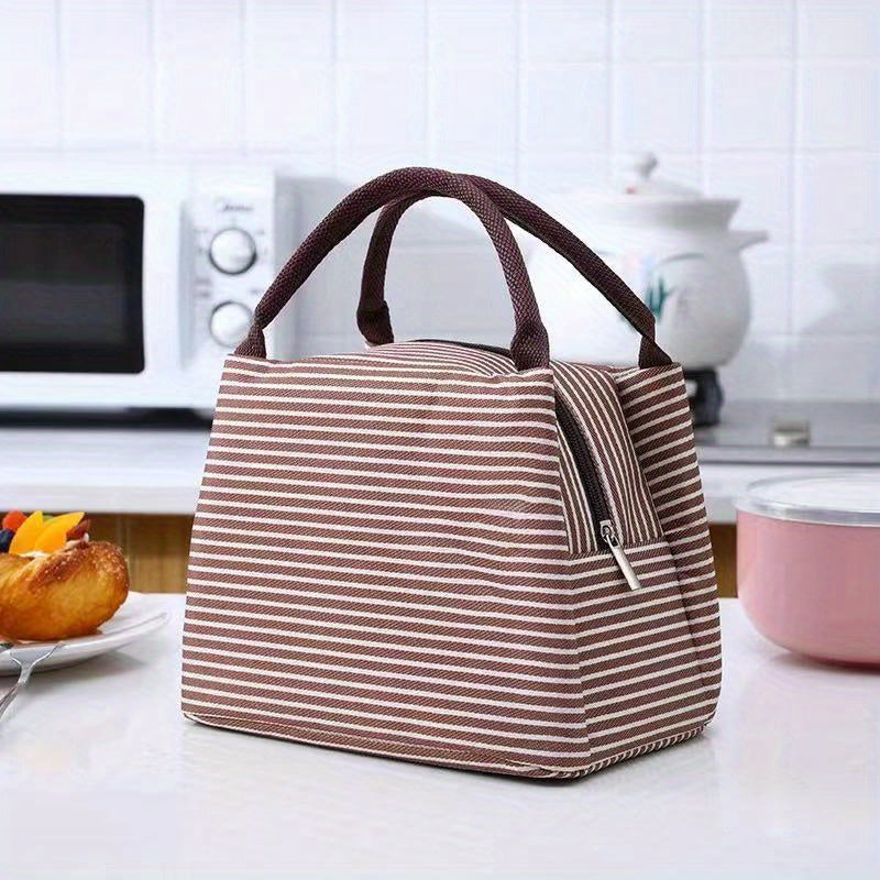 One piece of a striped insulated lunch bag made of durable Oxford cloth, features a thermal lunch box tote with zipper closure. Hand washable and leak-proof, this rectangular container is perfect for school and office use.