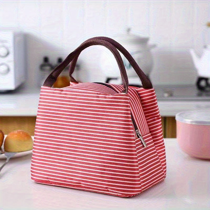 One piece of a striped insulated lunch bag made of durable Oxford cloth, features a thermal lunch box tote with zipper closure. Hand washable and leak-proof, this rectangular container is perfect for school and office use.