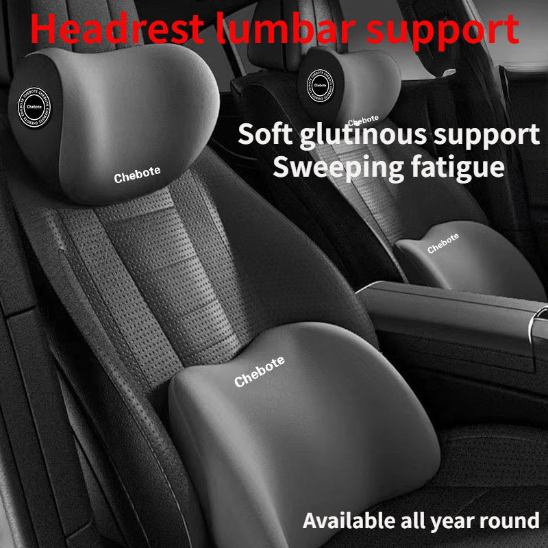 Set of 2 car seat neck and lumbar support pillows, with adjustable backrest. Reduces discomfort during long drives. Made of polyester fiber and sponge rubber for extra comfort.