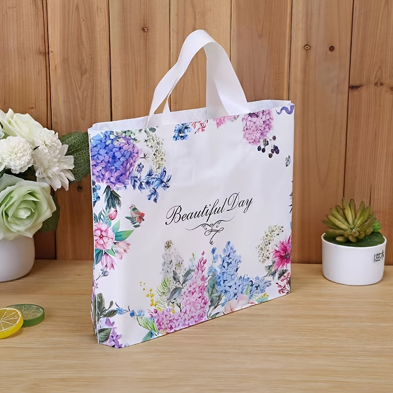 10 Elegant Floral Gift Bags - Durable plastic tote bags, ideal for fashionable gifts, shopping, parties, festive occasions, and everyday use.