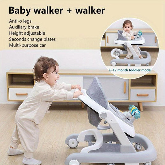 Gray Multi-Functional Walker for Young Children - Features Wheels, Seat, and Anti-Tip Design - Suitable for Boys and Girls Aged 6-18 Months - Ideal First Steps Learning Toy for Youngsters