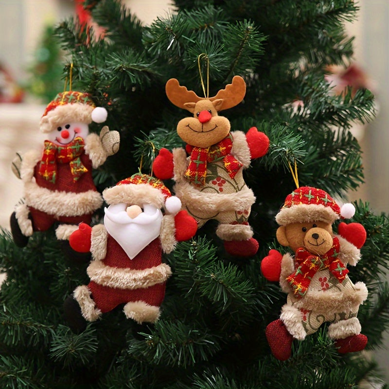 Set of 4 Christmas tree ornaments featuring Dancing Santa, Reindeer, Snowman, and Bear | Made of hangable fabric for home and office decor | Ideal for adding festive cheer to your holiday vacation home