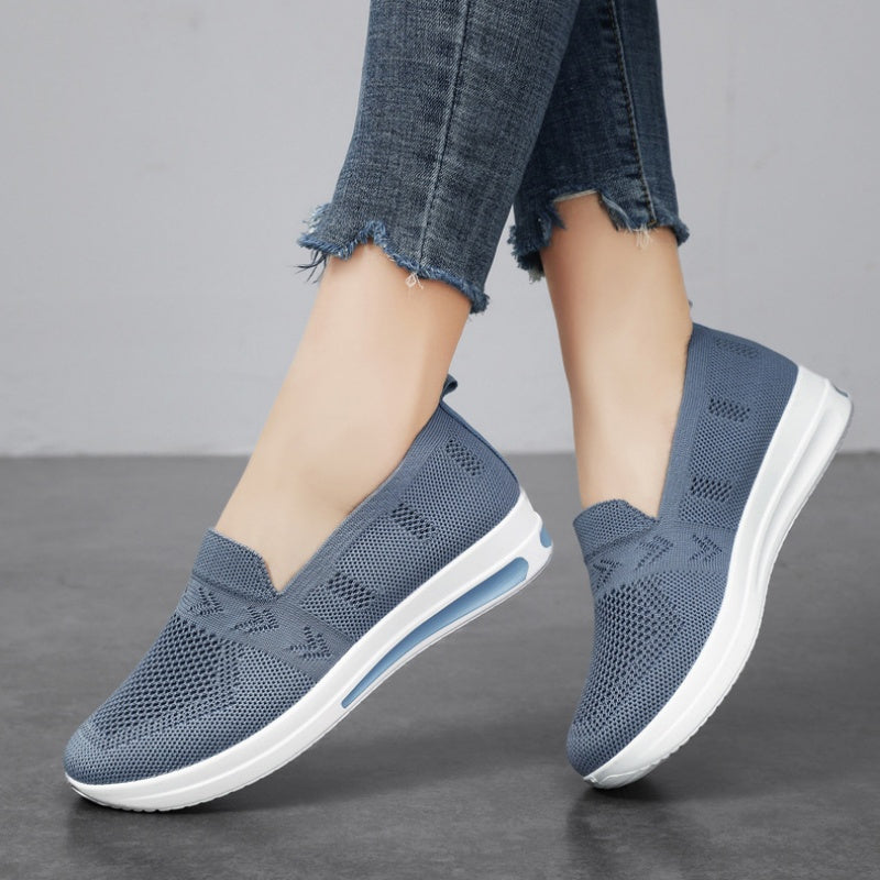 Women's lightweight, breathable flat shoes with air cushion support and slip-on design in solid colors. Stylish and comfortable for spring and autumn.