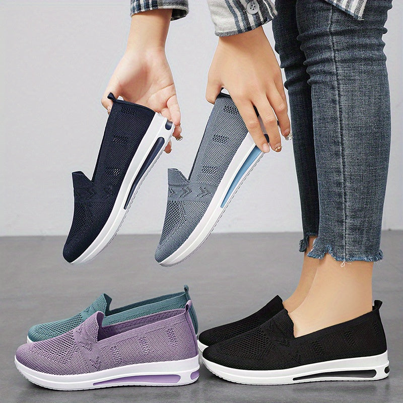 Women's lightweight, breathable flat shoes with air cushion support and slip-on design in solid colors. Stylish and comfortable for spring and autumn.