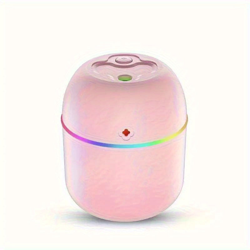 USB-powered humidifier with night light for relaxation in bedroom, office, and car, comes in white and pink.