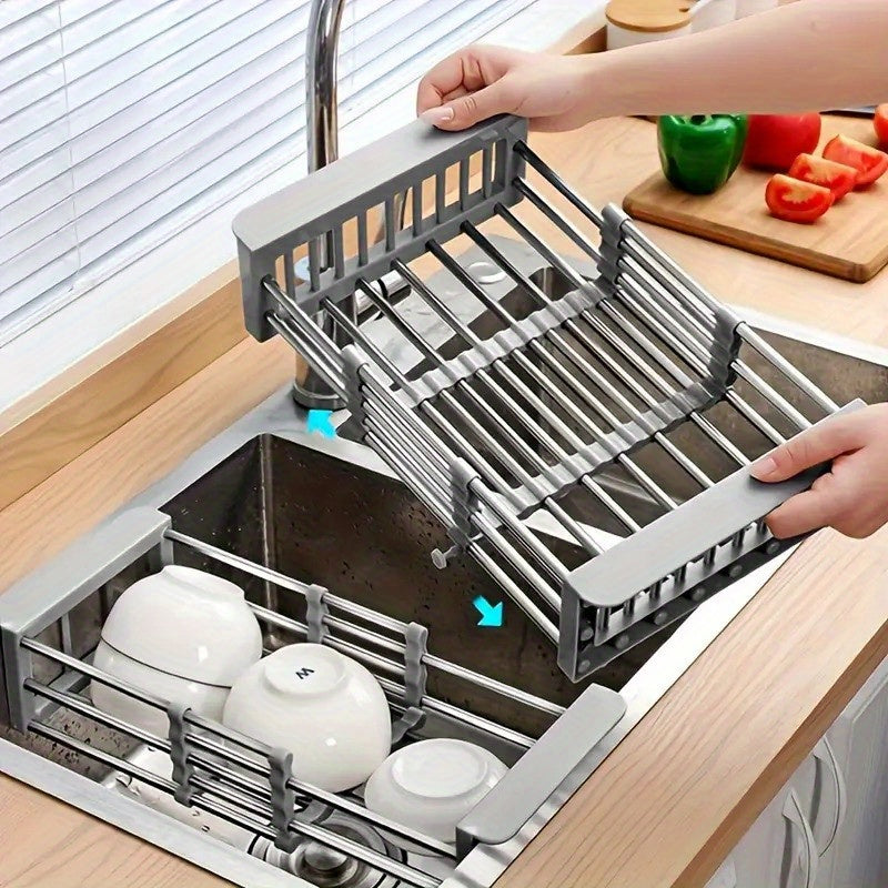 Space-Saving Kitchen Solution: Stainless Steel Drain Basket Over-The-Sink Dish Drying Rack - Adjustable and Convenient