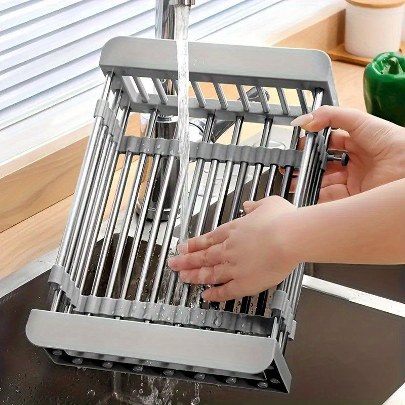 Space-Saving Kitchen Solution: Stainless Steel Drain Basket Over-The-Sink Dish Drying Rack - Adjustable and Convenient