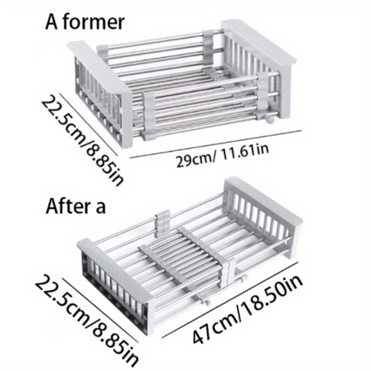 Space-Saving Kitchen Solution: Stainless Steel Drain Basket Over-The-Sink Dish Drying Rack - Adjustable and Convenient