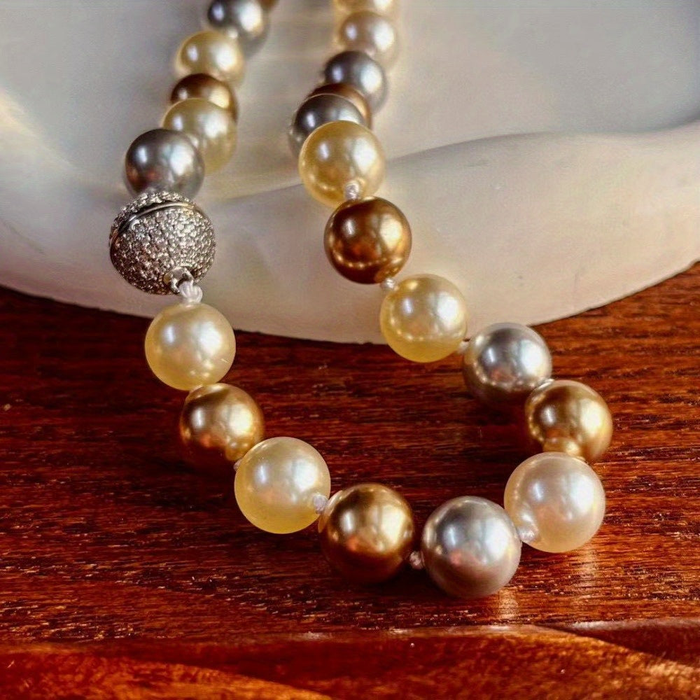 1-piece, large particle 10mm imitation pearl necklace in Maillard light brown warm color. This sweater chain is perfect for autumn and winter, and can be worn daily, for travel, parties, and as a gift.