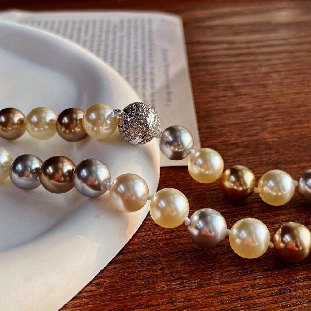 1-piece, large particle 10mm imitation pearl necklace in Maillard light brown warm color. This sweater chain is perfect for autumn and winter, and can be worn daily, for travel, parties, and as a gift.