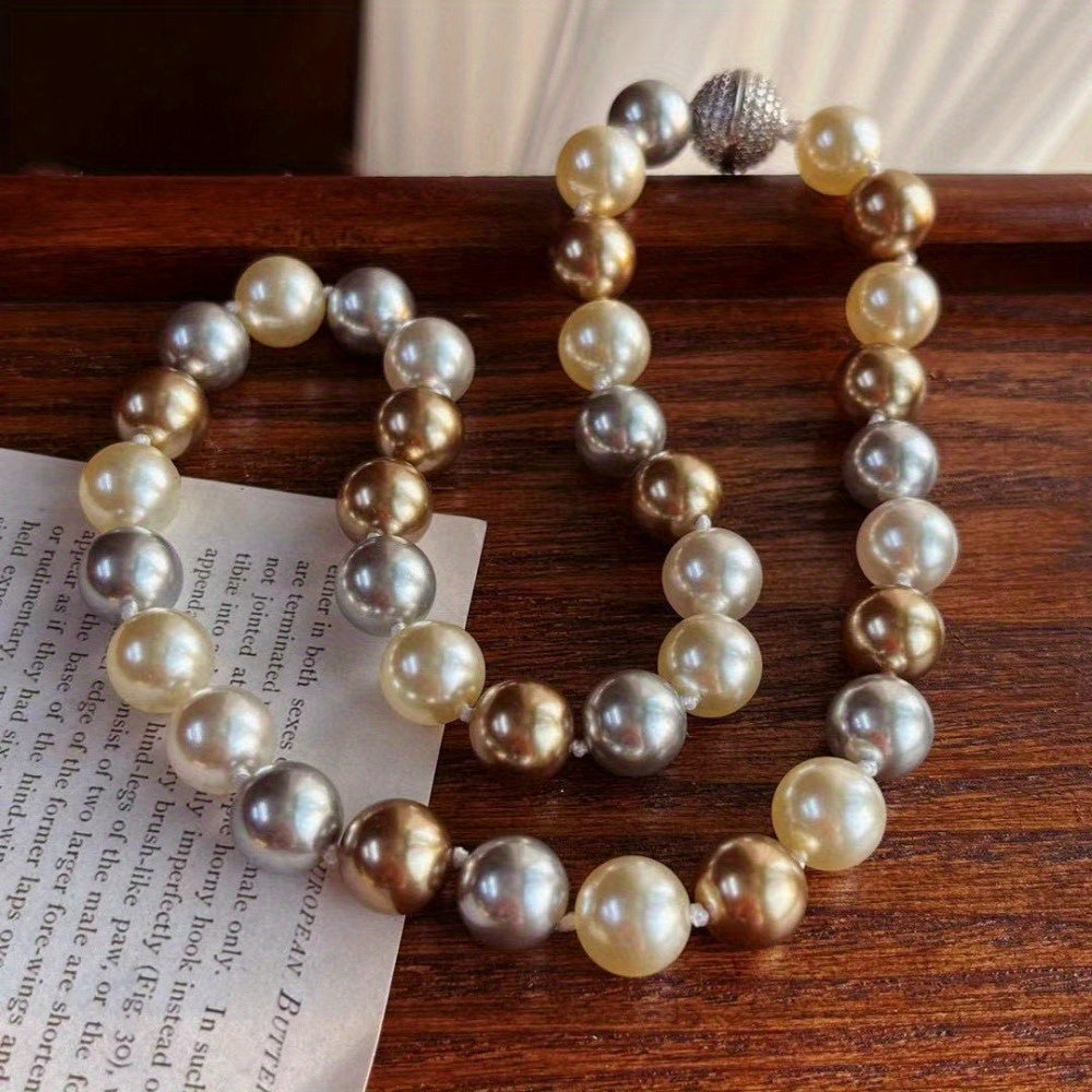 1-piece, large particle 10mm imitation pearl necklace in Maillard light brown warm color. This sweater chain is perfect for autumn and winter, and can be worn daily, for travel, parties, and as a gift.