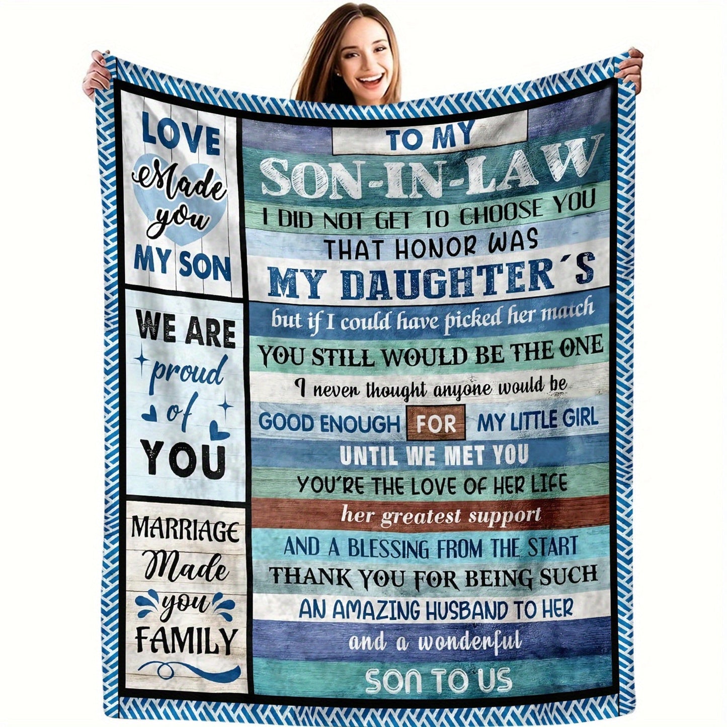 Soft knitted polyester flannel throw blanket featuring a vintage-inspired design and inspirational family message. This all-season couch blanket is the perfect gift for your son's birthday or anniversary celebration.