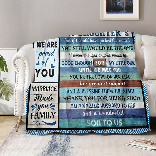 Soft knitted polyester flannel throw blanket featuring a vintage-inspired design and inspirational family message. This all-season couch blanket is the perfect gift for your son's birthday or anniversary celebration.