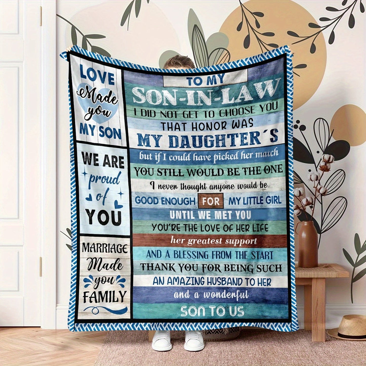 Soft knitted polyester flannel throw blanket featuring a vintage-inspired design and inspirational family message. This all-season couch blanket is the perfect gift for your son's birthday or anniversary celebration.