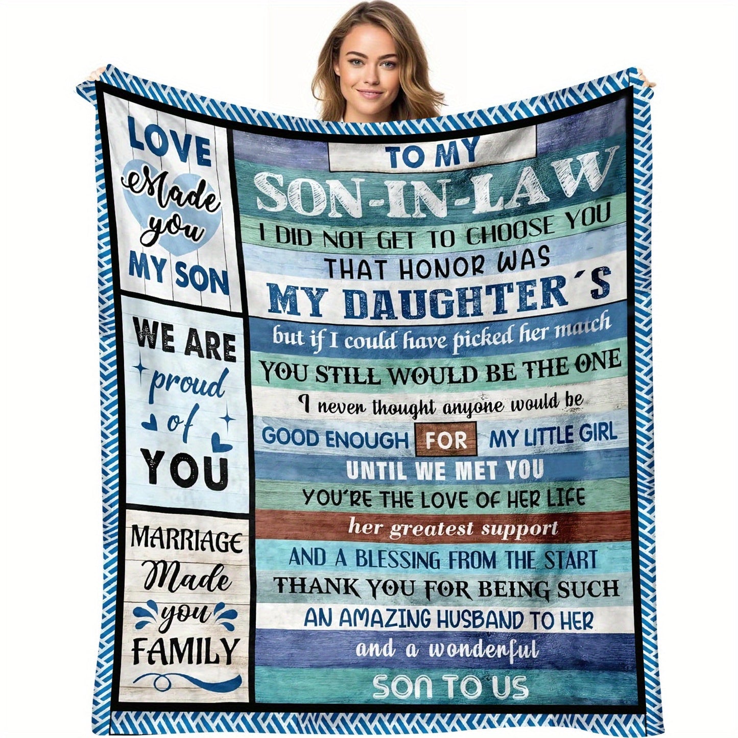 Soft knitted polyester flannel throw blanket featuring a vintage-inspired design and inspirational family message. This all-season couch blanket is the perfect gift for your son's birthday or anniversary celebration.