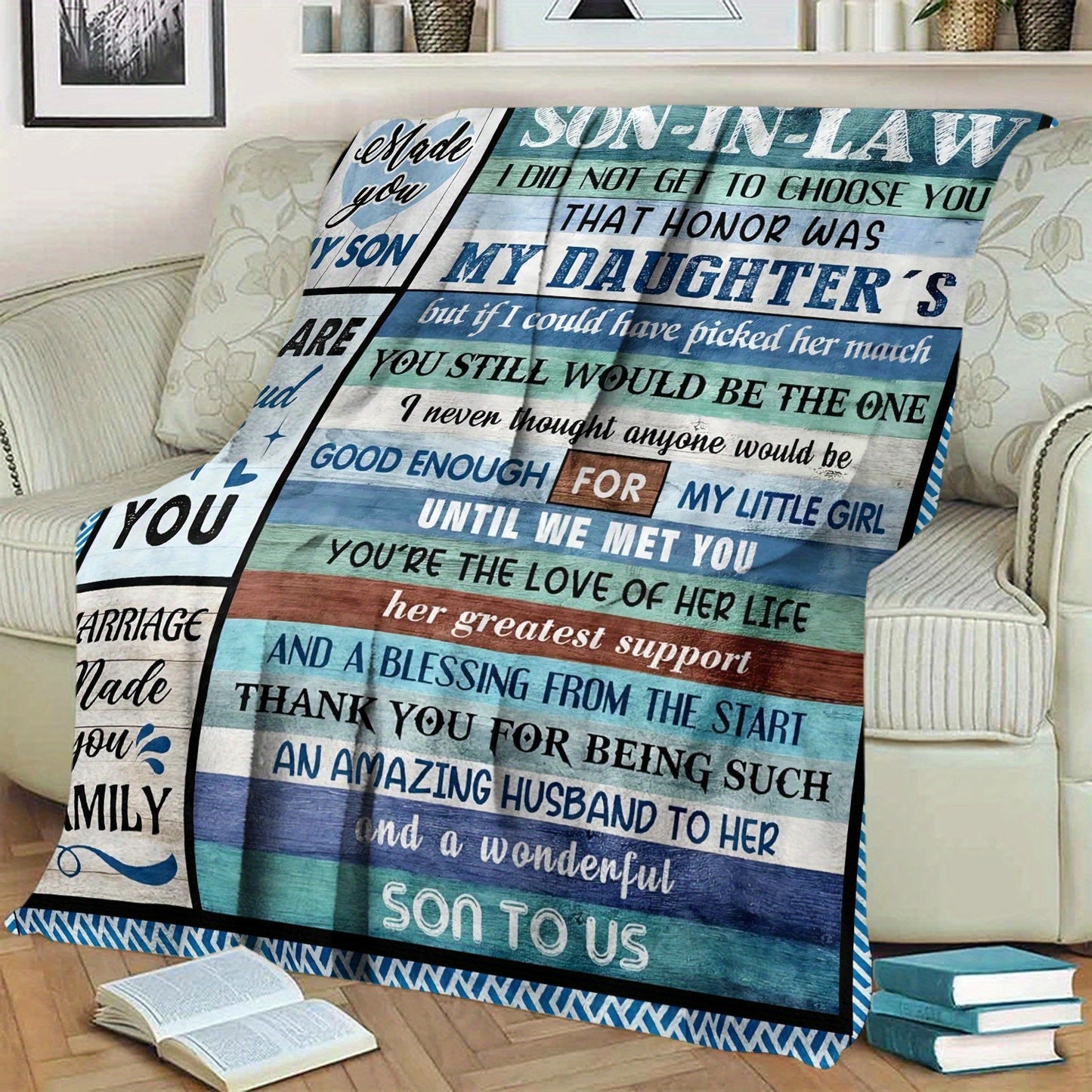 Soft knitted polyester flannel throw blanket featuring a vintage-inspired design and inspirational family message. This all-season couch blanket is the perfect gift for your son's birthday or anniversary celebration.