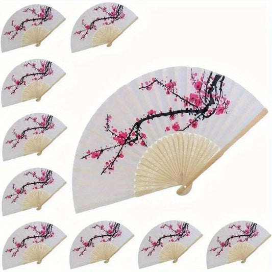 Set of 10 Elegant Cherry Blossom Silk Fabric Folding Fans - Japanese-Inspired Hand Fans Perfect for Weddings and Parties