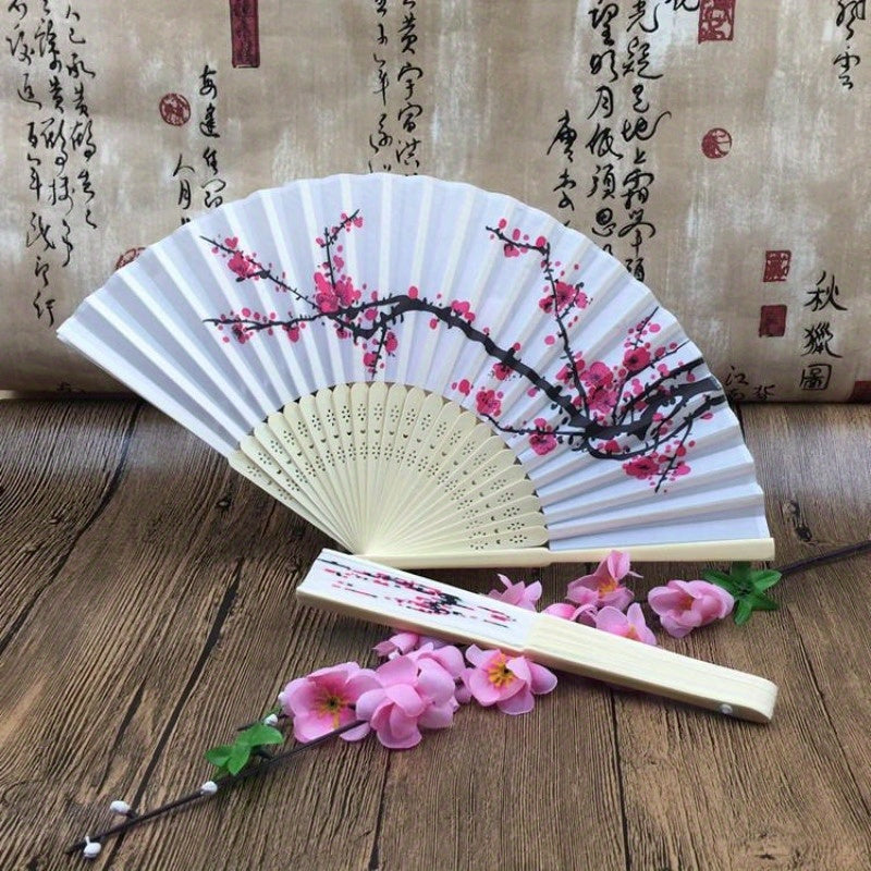 Set of 10 Elegant Cherry Blossom Silk Fabric Folding Fans - Japanese-Inspired Hand Fans Perfect for Weddings and Parties