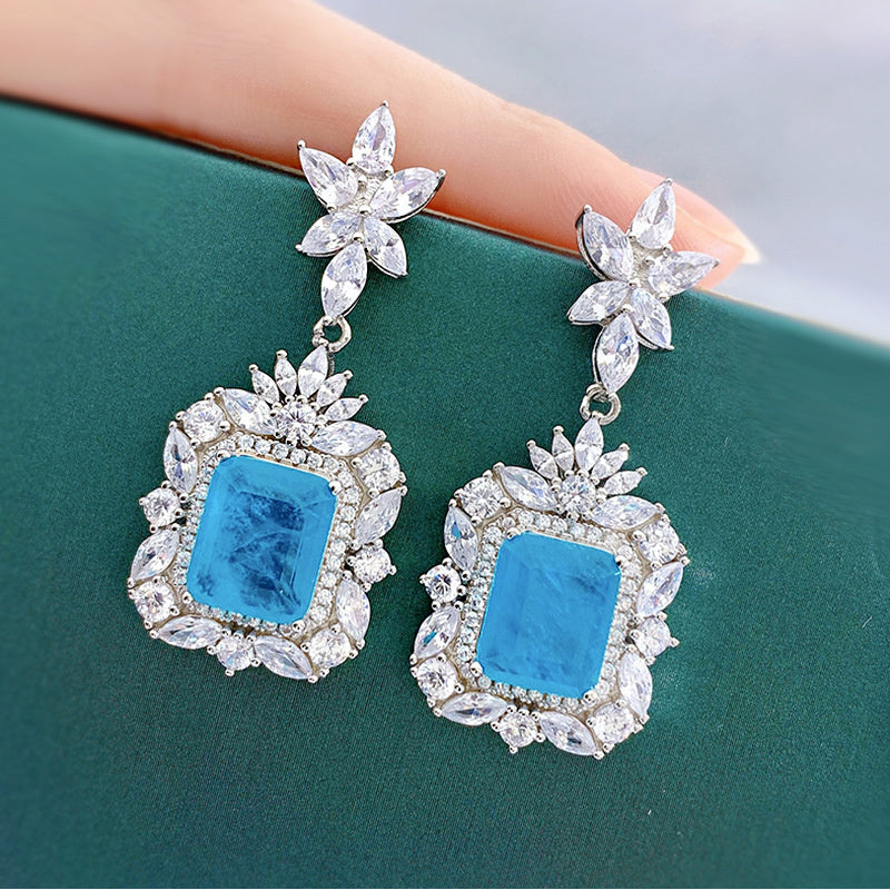 925 Sterling Silver Vintage Drop & Dangle Earrings featuring Synthetic Paraiba Stone - No Plating, Synthetic Gem Mosaic - Perfect for Daily Wear & Wedding Events, Comes with a Gift Box - Festive Halloween Touch