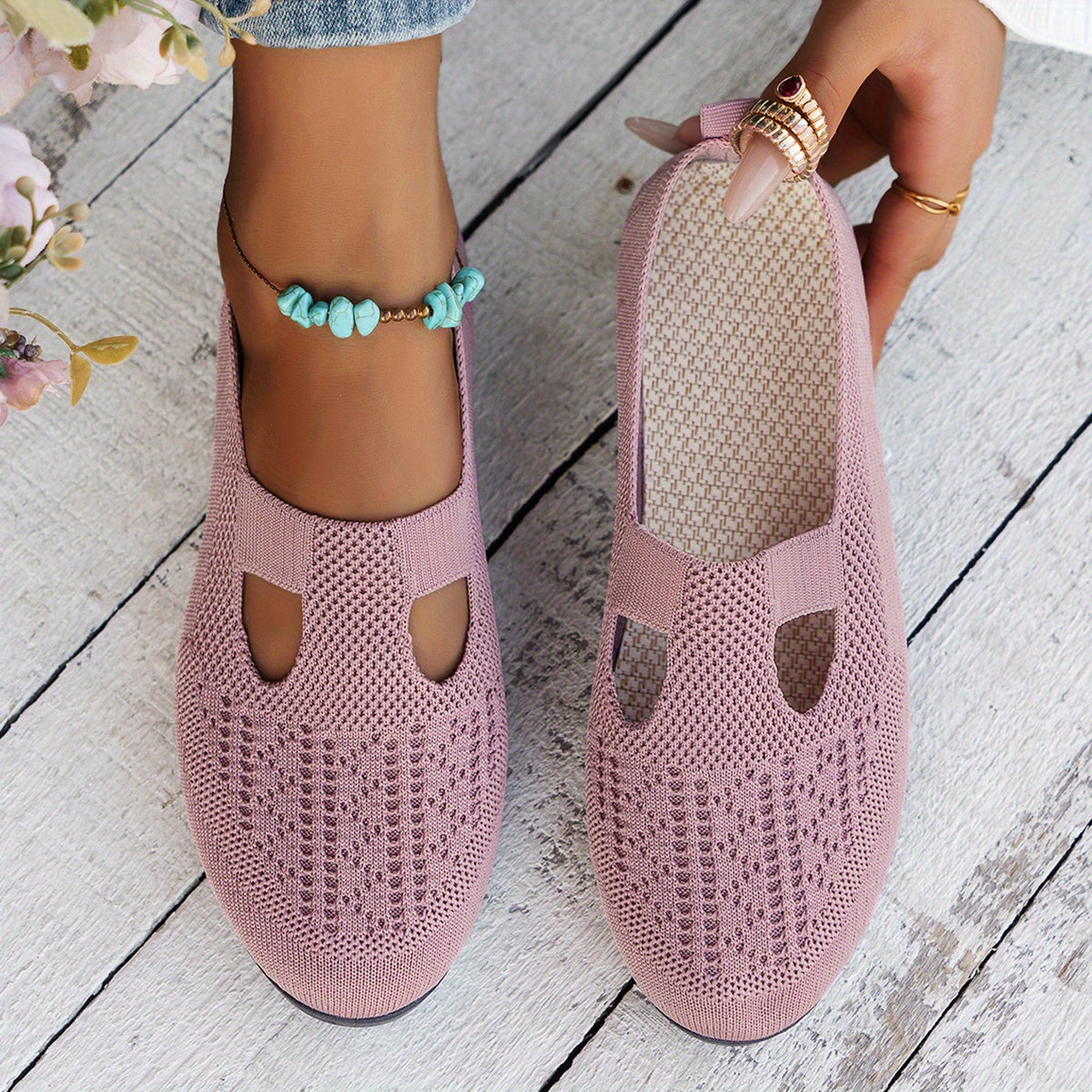 Comfortable slip-on flats with rubber sole, breathable fabric upper, support, for all-season wear.