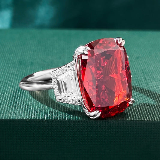 925 Sterling Silver Vintage-Inspired Synthetic Red Gemstone Ring, Unplated, Bold Statement Piece for Everyday and Vacation Looks, Suitable for All Seasons, Unique Padparadscha-Inspired Design, Perfect for Halloween, 11 grams, Size 11x15.