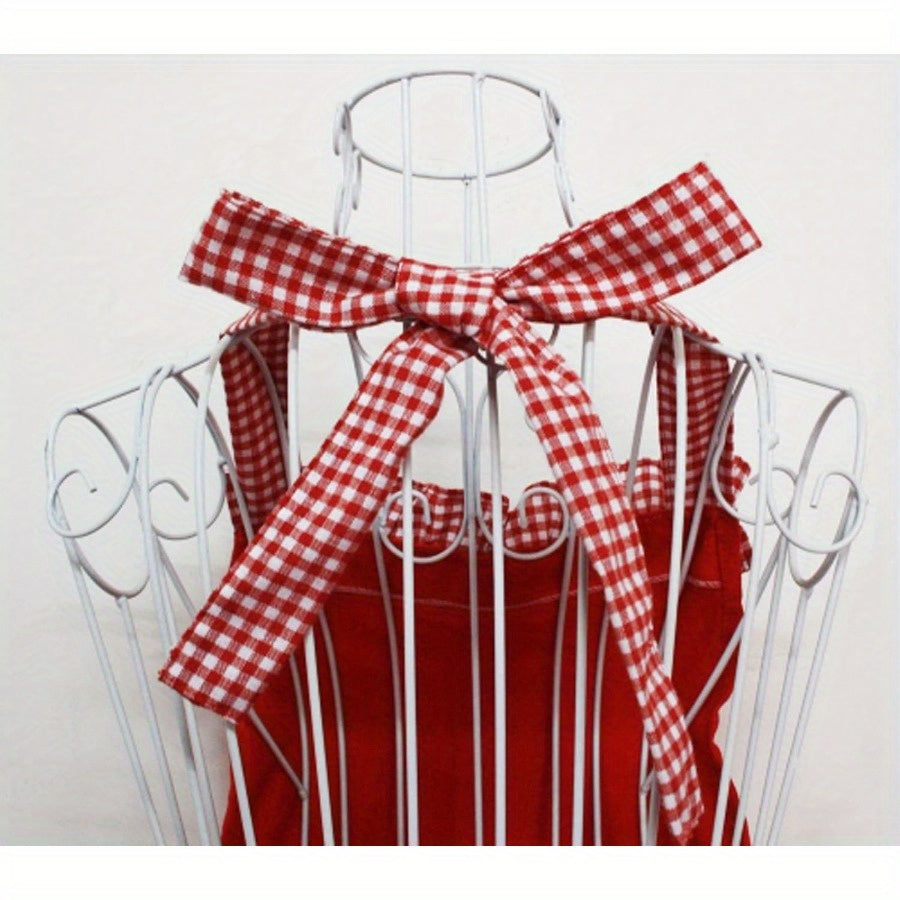 Stylish Retro Kitchen Apron featuring Bow Pockets and Ruffled Hem - Adjustable Gingham Bow - Ideal for Easter - Crafted from Sturdy Polyester Fabric