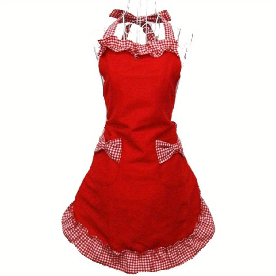 Stylish Retro Kitchen Apron featuring Bow Pockets and Ruffled Hem - Adjustable Gingham Bow - Ideal for Easter - Crafted from Sturdy Polyester Fabric