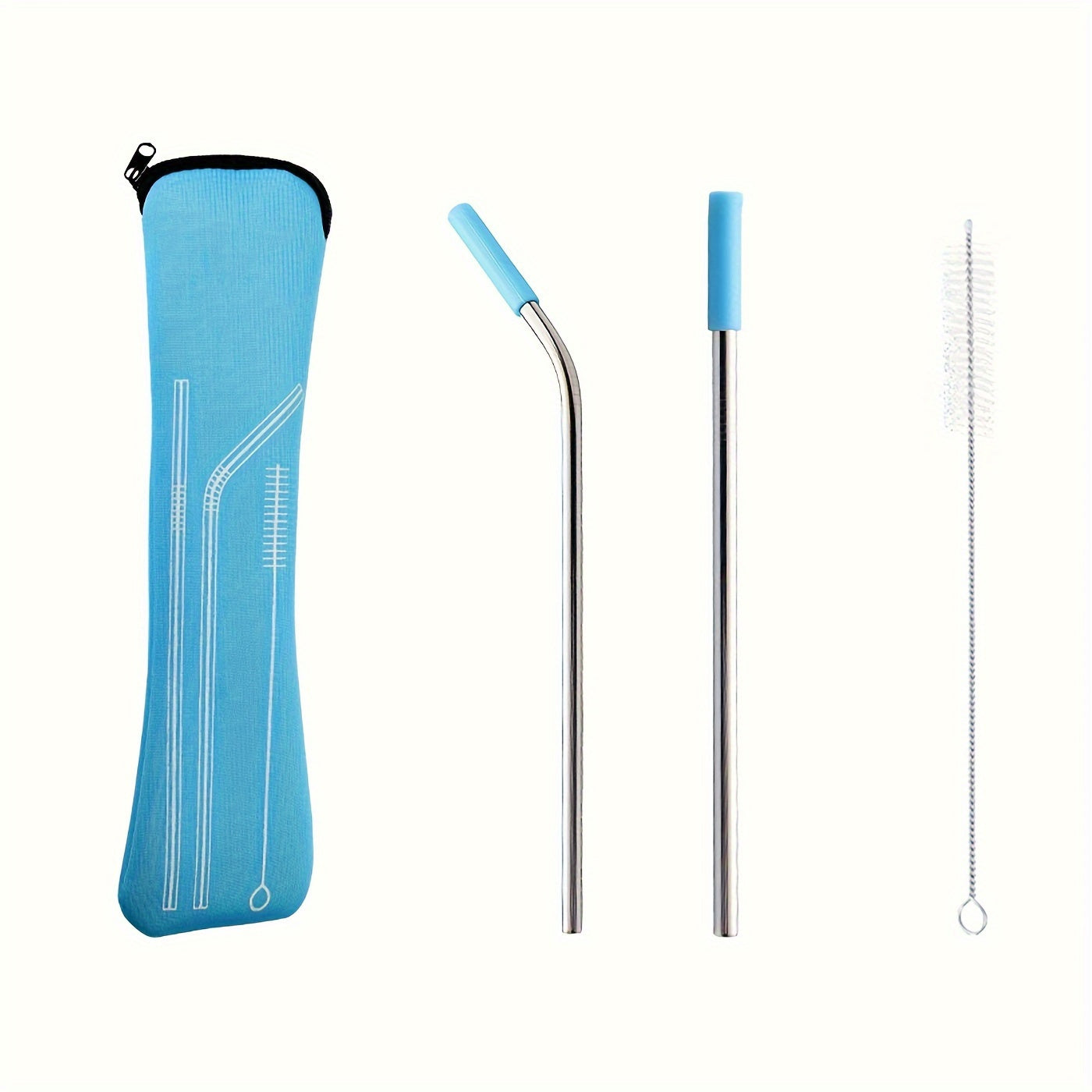 A set of 1 stainless steel straw with a silicone head, complete with a replacement straw, straw brush, and storage bag - the perfect cup accessory.