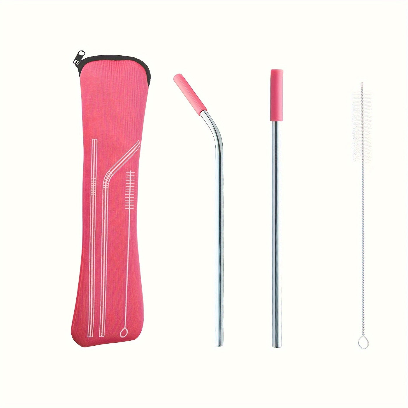 A set of 1 stainless steel straw with a silicone head, complete with a replacement straw, straw brush, and storage bag - the perfect cup accessory.