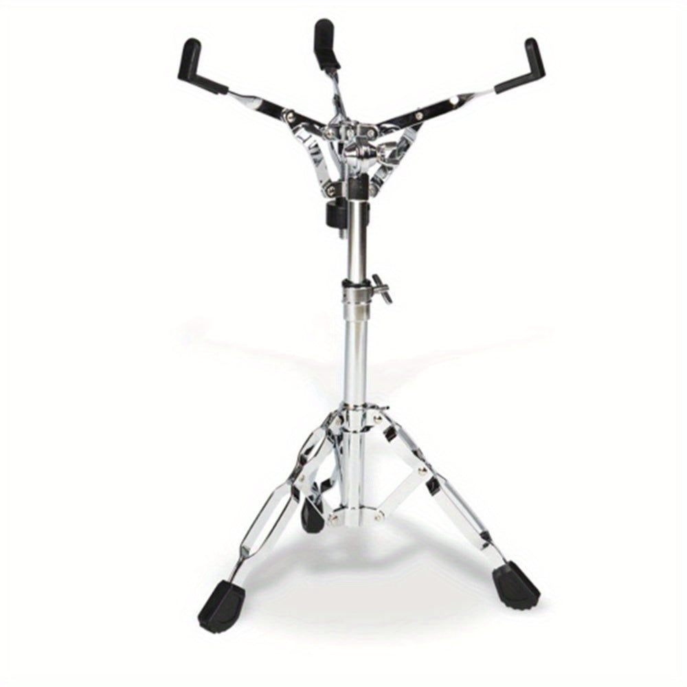 Durable silver-grey alloy snare drum stand fits 30.48 cm drum pad, ideal for sitting or standing positions.