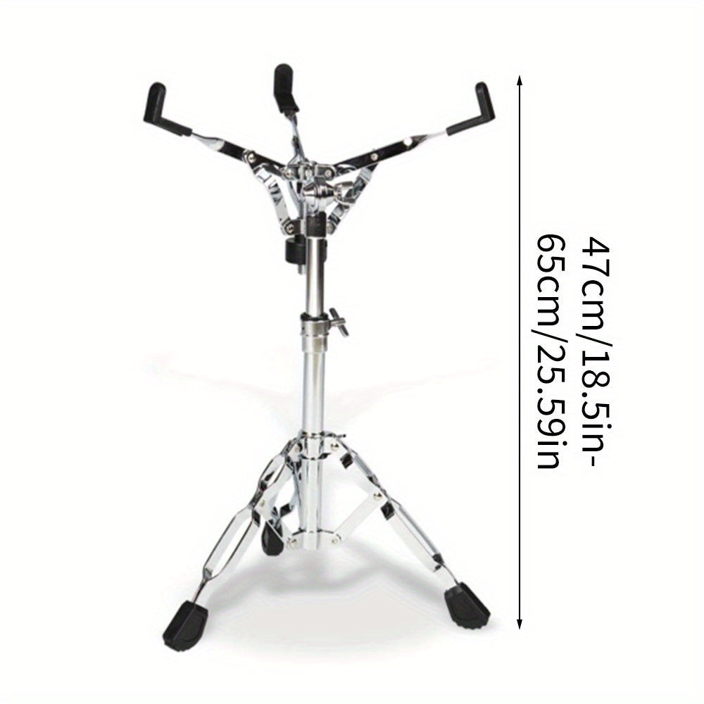 Durable silver-grey alloy snare drum stand fits 30.48 cm drum pad, ideal for sitting or standing positions.