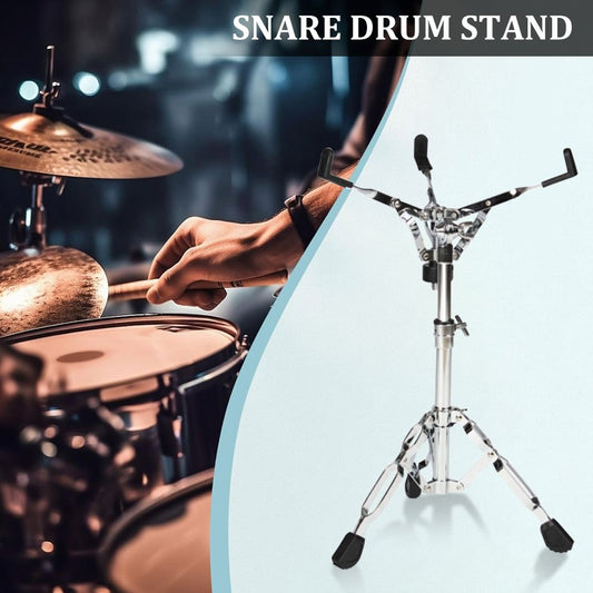 Durable silver-grey alloy snare drum stand fits 30.48 cm drum pad, ideal for sitting or standing positions.