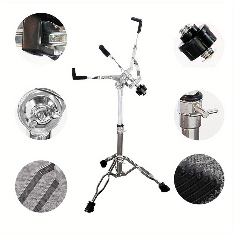 Durable silver-grey alloy snare drum stand fits 30.48 cm drum pad, ideal for sitting or standing positions.