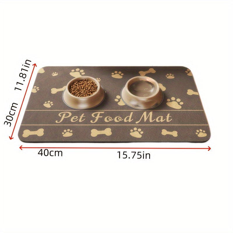 Absorbent mat for pets' food and water bowls, dries quickly, resists stains, non-slip surface, ideal for indoor use, suitable for pets of all sizes.