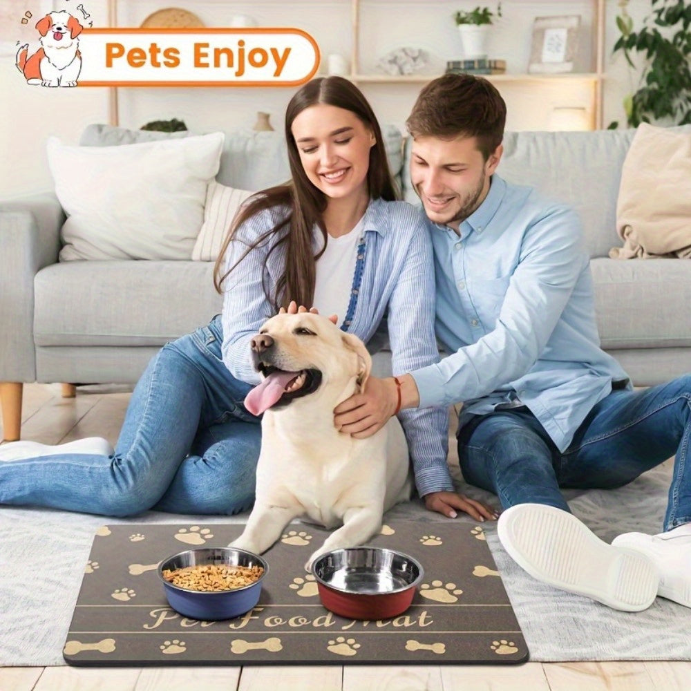 Absorbent mat for pets' food and water bowls, dries quickly, resists stains, non-slip surface, ideal for indoor use, suitable for pets of all sizes.