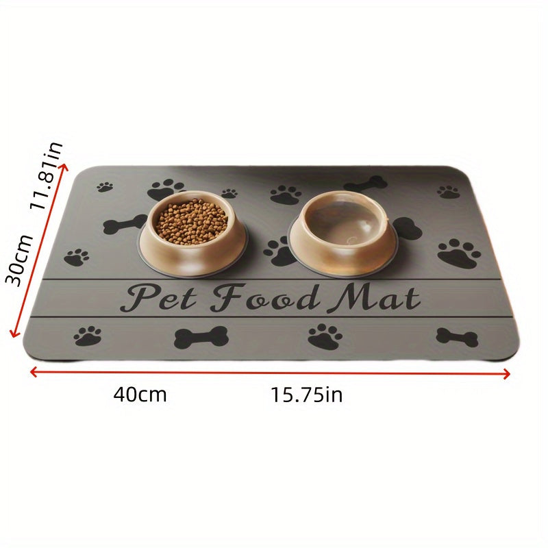 Absorbent mat for pets' food and water bowls, dries quickly, resists stains, non-slip surface, ideal for indoor use, suitable for pets of all sizes.