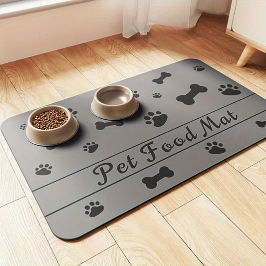 Absorbent mat for pets' food and water bowls, dries quickly, resists stains, non-slip surface, ideal for indoor use, suitable for pets of all sizes.