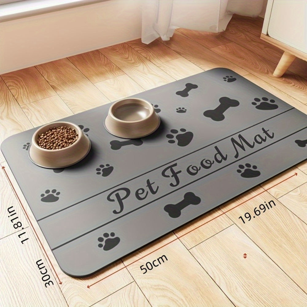 Absorbent mat for pets' food and water bowls, dries quickly, resists stains, non-slip surface, ideal for indoor use, suitable for pets of all sizes.