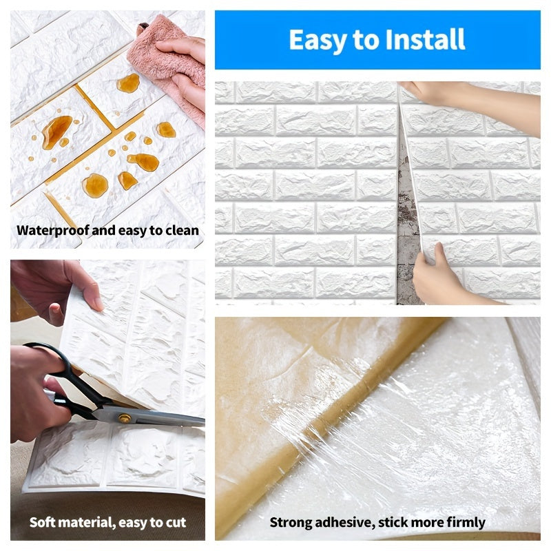 Self-adhesive, waterproof brick wall panels measuring 10M x 70cm. Stain-resistant with strong adhesive for living room, bedroom, TV backdrop. Home DIY décor in 1pc = 7m².